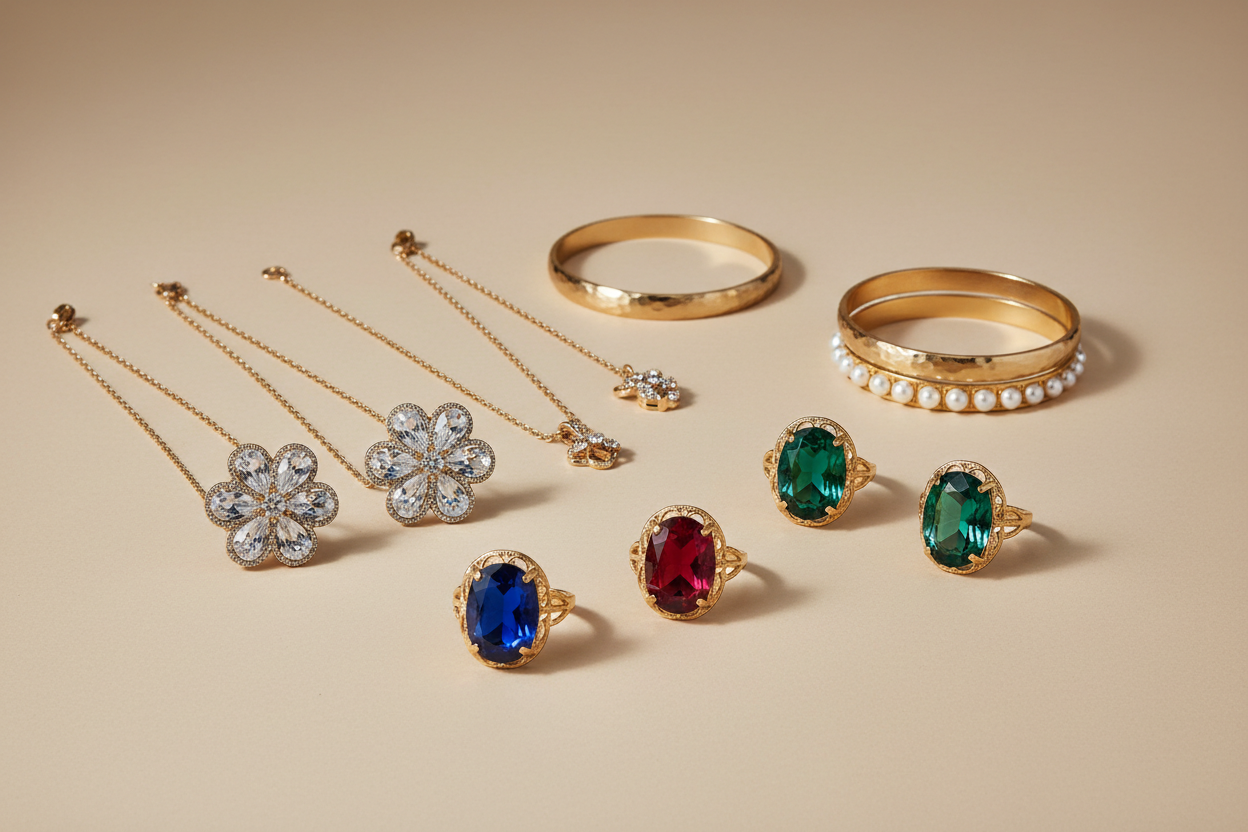 High-end fashion jewelry product photography, elegant artificial jewelry displayed beautifully on a neutral background, soft studio lighting, realistic reflections and shadows, modern luxury aesthetic, clean composition, sharp focus, premium look, detailed textures, editorial style, no people, no props distracting from the jewelry, no text, no watermark, no logo, no overlay text, ultra-high resolution, professional e-commerce photography