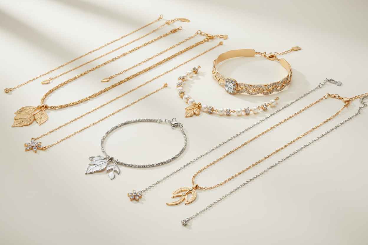 Premium fashion necklace product photography featuring only necklaces, elegant gold and silver artificial necklaces displayed neatly, soft off-white / light white background, minimal and clean setup, balanced studio lighting, subtle shadows, realistic metallic shine, fine detailing, modern luxury aesthetic, high clarity, sharp focus, professional e-commerce style, no models, no hands, no props, no text, no watermark, no logo, no overlay text, ultra-high resolution